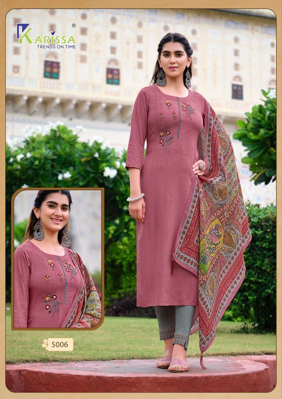 BOMBAY BEAUTY VOL 5 LIVA TAG VISCOSE RAYON  WEAVING THREAD AND HANDWORK KURTI WITH PANT AND MASLIN SEQUENCE WITH DIGITAL PRINT DUPATTA Y KARISSA BRAND 5006